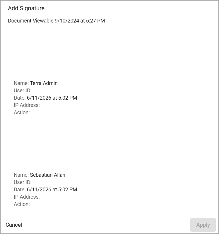 Document signature section showing user details and action options for two users.
